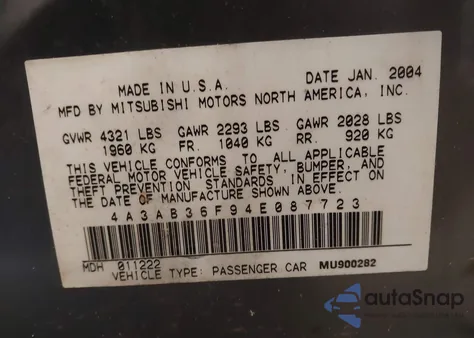 2004 Mitsubishi Galant Es z USA, uszkodzony, nr VIN 4A3AB36F94E087723